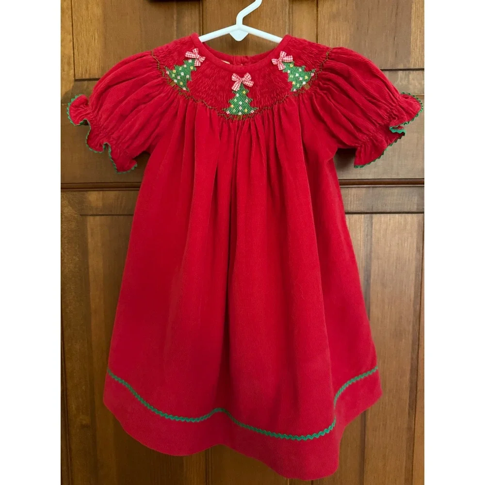 Southern Sunshine Kids Smocked Christmas Tree‎ Holiday Dress Baby 12 Months Red